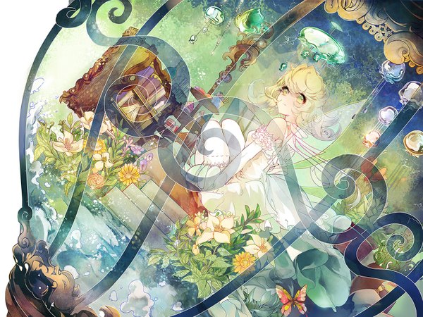 Anime picture 1400x1050 with original vima single long hair looking at viewer blonde hair bare shoulders green eyes girl thighhighs dress flower (flowers) white thighhighs wings water book (books) insect butterfly lamp