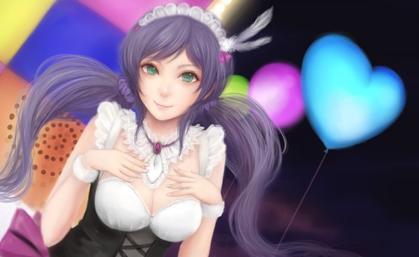Anime picture 1676x1032 with love live! school idol project sunrise (studio) love live! toujou nozomi moekyon single long hair looking at viewer wide image twintails green eyes purple hair light smile maid low twintails girl dress headdress maid headdress wrist cuffs