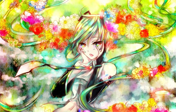Anime picture 1400x898 with vocaloid vocaloid append hatsune miku hatsune miku (append) long hair twintails aqua hair tears multicolored eyes girl flower (flowers) detached sleeves