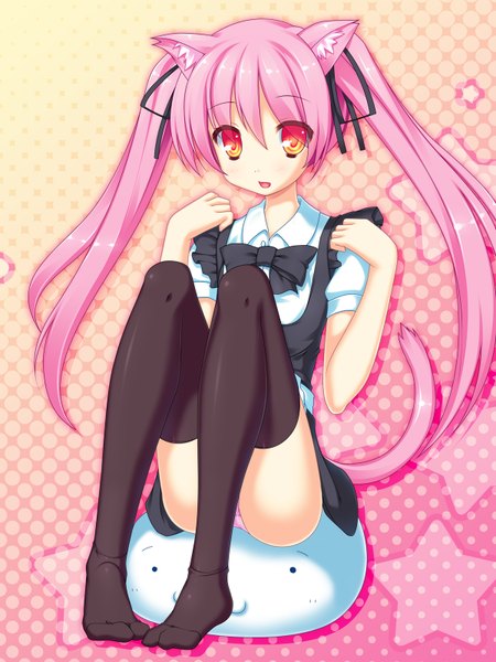 Anime picture 1200x1600 with original ochinsama single long hair tall image light erotic twintails animal ears pink hair cat ears cat girl cat tail orange eyes pantyshot sitting girl thighhighs ribbon (ribbons) black thighhighs hair ribbon star (symbol)