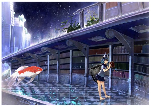 Anime picture 1024x728 with original ichiko oharu (artist) single short hair brown eyes animal ears blue hair sky barefoot night sky fox ears cityscape checkered floor checkered girl uniform plant (plants) school uniform miniskirt book (books)