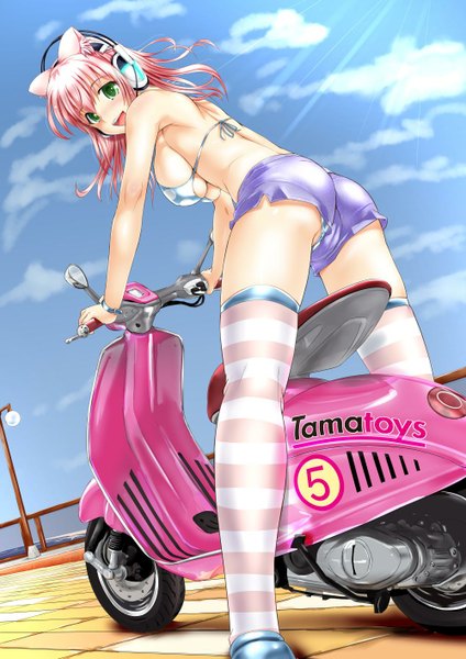 Anime picture 1000x1414 with original super tama musume ganari ryuu single tall image looking at viewer breasts open mouth light erotic large breasts green eyes animal ears pink hair sky looking back sunlight cat ears girl thighhighs swimsuit