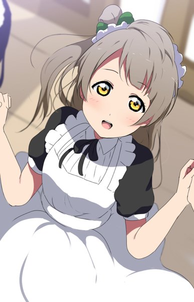 Anime picture 517x800 with love live! school idol project sunrise (studio) love live! minami kotori icehotmilktea single long hair tall image blush fringe breasts open mouth brown hair yellow eyes from above arms up teeth short sleeves puffy sleeves one side up