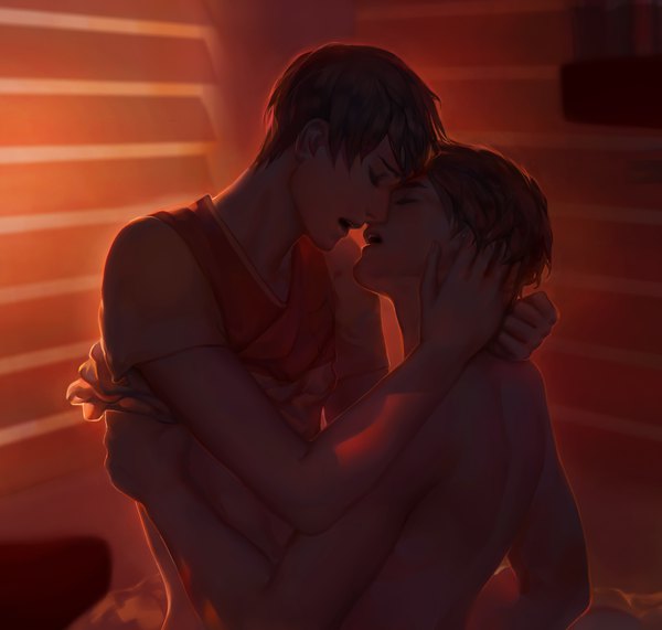 Anime picture 1700x1620 with free! kyoto animation nanase haruka (free!) tachibana makoto j-witless short hair open mouth light erotic upper body indoors eyes closed profile realistic multiple boys short sleeves hug topless face to face shounen ai almost kiss