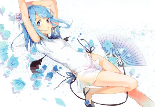 Anime picture 2888x2002 with original anmi single looking at viewer highres short hair blue eyes smile blue hair lying hair flower scan arms up grin chinese clothes bat wings otoko no ko transparent boy hair ornament