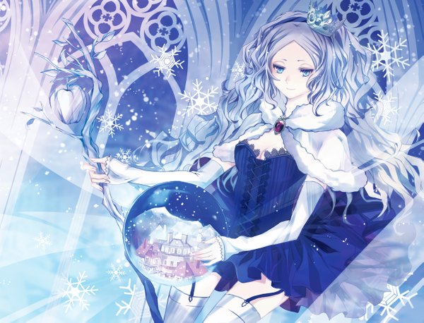 Anime picture 2669x2039 with original nozomi fuuten single long hair highres blue eyes blue hair fur trim snowing architecture girl thighhighs dress detached sleeves white thighhighs fur fruit staff crown snowflake (snowflakes)