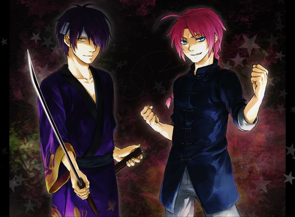 Anime picture 2300x1697 with gintama sunrise (studio) takasugi shinsuke kamui (gintama) long hair looking at viewer highres short hair open mouth blue eyes smile green eyes purple hair red hair traditional clothes multiple boys bandage over one eye boy weapon sword