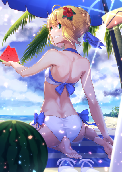 Anime picture 1254x1771 with fate (series) fate/stay night artoria pendragon (all) saber lip-mil single tall image short hair light erotic blonde hair smile sitting green eyes sky cloud (clouds) ahoge ass braid (braids) looking back barefoot