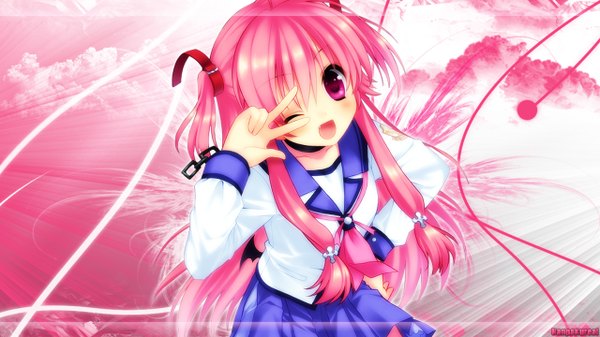 Anime picture 1280x720 with angel beats! key (studio) yui (angel beats!) hanpakureai single long hair open mouth smile wide image pink hair cloud (clouds) braid (braids) one eye closed pink eyes wink two side up hand on hip twin braids pink background bat wings