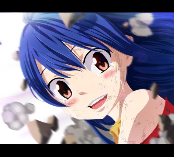 Anime picture 4000x3613 with fairy tail wendy marvell ironizer single long hair looking at viewer blush highres open mouth smile white background brown eyes blue hair absurdres loli tears coloring letterboxed close-up smoke