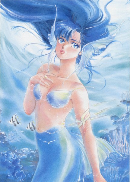 Anime picture 1576x2195 with kimagure orange road ayukawa madoka takada akemi single long hair tall image blue hair tail underwater monsterification girl water bracelet sea ring fish (fishes) mermaid