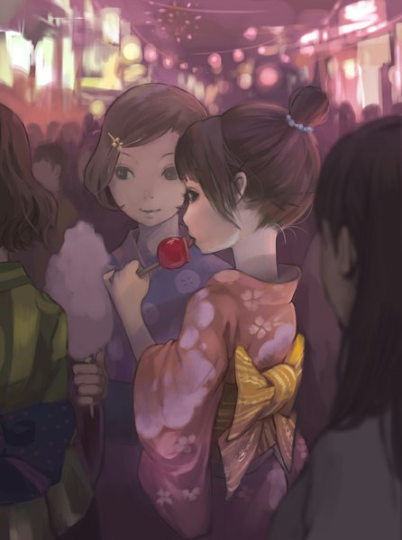 Anime picture 850x1142 with original jpg eko-des-co long hair tall image looking at viewer fringe brown hair standing multiple girls looking away traditional clothes japanese clothes profile blurry night hair bun (hair buns) floral print licking festival