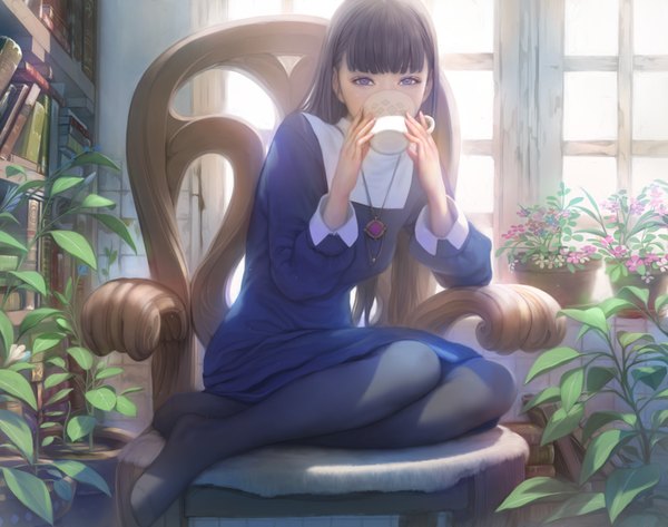 Anime picture 1339x1056 with original mujiha (mlog) single long hair looking at viewer fringe sitting purple eyes holding no shoes drinking girl dress plant (plants) pantyhose window pendant book (books) chair cup