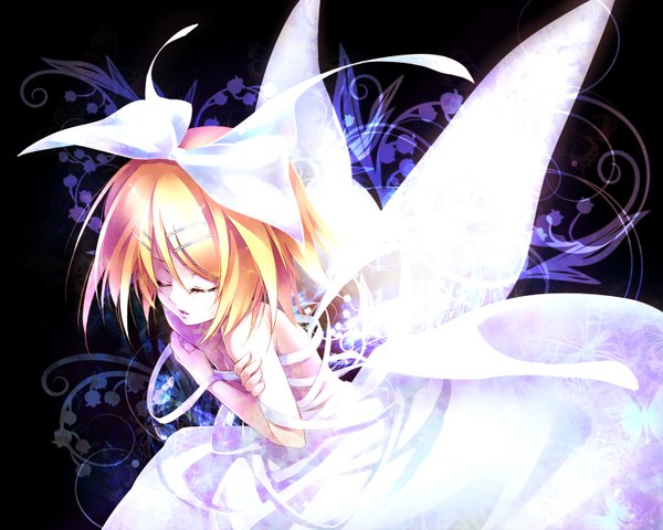 Anime picture 1500x1200 with vocaloid kagamine rin ueno tsuki single short hair blonde hair bare shoulders eyes closed off shoulder loli crossed arms covering covering breasts insect wings butterfly wings girl dress hair ornament flower (flowers) bow