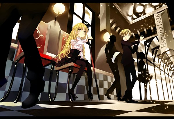 Anime picture 1000x684 with original shunsei (muratou) long hair blonde hair sitting yellow eyes checkered floor silhouette girl dress boy hat pantyhose window chair cane