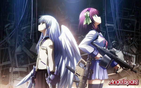 Anime picture 1680x1050 with angel beats! key (studio) tachibana kanade nakamura yuri hirata katsuzou long hair highres short hair wide image multiple girls brown eyes green eyes silver hair red hair profile light angel wings back to back ruins girl