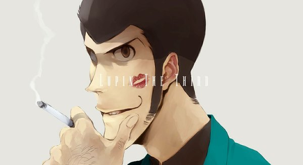 Anime picture 1057x578 with lupin iii arsene lupin iii zz short hair brown hair wide image brown eyes mouth hold smoke face smoking lipstick mark boy cigarette