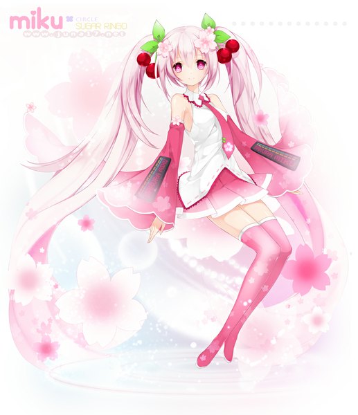 Anime picture 862x1000 with vocaloid hatsune miku sakura miku juna single long hair tall image looking at viewer smile twintails bare shoulders pink hair pink eyes girl flower (flowers) detached sleeves petals necktie food thigh boots