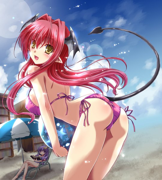 Anime picture 1000x1111 with touhou patchouli knowledge koakuma yamu (reverse noise) long hair tall image blush breasts open mouth light erotic purple eyes multiple girls yellow eyes sky purple hair ass red hair tail pointy ears leaning