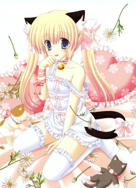 Anime picture 2190x3029 with dengeki moeou nekoneko single long hair tall image highres blue eyes blonde hair sitting twintails animal ears full body cat girl wariza bell collar girl thighhighs dress flower (flowers) white thighhighs