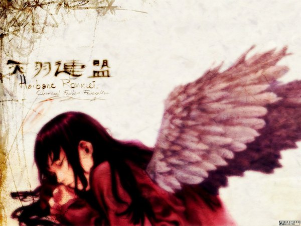Anime picture 1024x768 with haibane renmei reki (haibane) abe yoshitoshi single long hair highres simple background purple hair eyes closed crossed arms third-party edit girl wings feather (feathers) halo