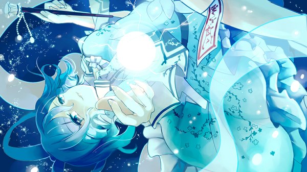 Anime picture 1067x600 with touhou kaku seiga azuma aya single looking at viewer short hair blue eyes wide image blue hair magic girl dress wand