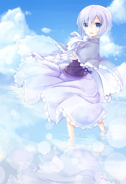 Anime picture 658x960 with original yonema single tall image looking at viewer fringe short hair open mouth blue eyes hair between eyes sky purple hair cloud (clouds) :d partially submerged turning head reflection frilled dress girl dress
