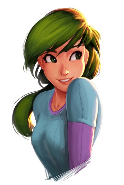 Anime picture 1726x2559 with carlos eduardo single long hair tall image highres simple background smile white background green eyes looking away green hair girl clothes