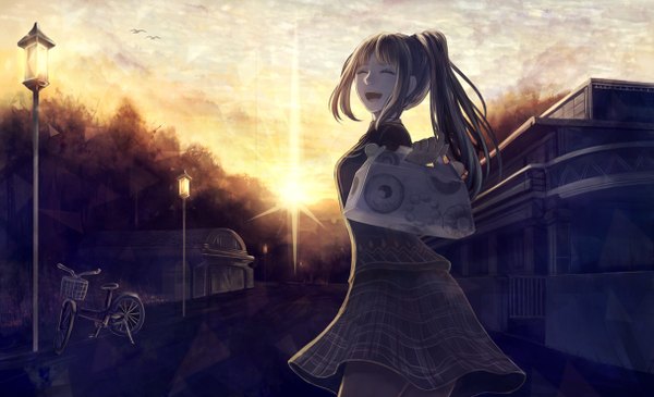 Anime picture 1218x742 with original bounin single long hair fringe open mouth brown hair wide image standing holding ponytail eyes closed evening happy sunset street girl skirt plant (plants) tree (trees)