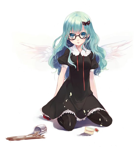 Anime picture 976x1049 with original itou nanami single long hair tall image looking at viewer blush simple background white background sitting aqua eyes aqua hair wariza angel wings messy girl dress hair ornament pantyhose wings