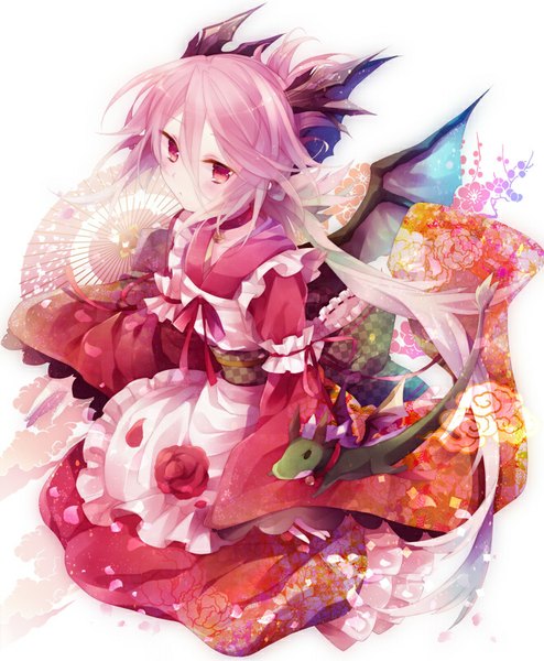 Anime picture 659x800 with original ibara riato single long hair tall image blush fringe breasts simple background red eyes sitting looking away traditional clothes japanese clothes horn (horns) flat chest girl flower (flowers) wings apron