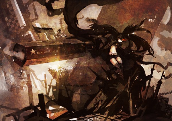 Anime picture 2900x2051 with black rock shooter black rock shooter (character) insane black rock shooter hanyijie single long hair fringe highres black hair twintails bare belly glowing scar glowing eye (eyes) smoking gun girl gloves navel weapon sword