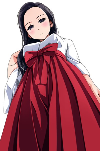 Anime picture 800x1200 with original matsunaga kouyou single long hair tall image looking at viewer blush black hair simple background white background traditional clothes japanese clothes black eyes miko girl