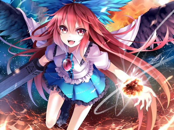 Anime picture 944x709 with touhou reiuji utsuho bon (artist) single long hair breasts open mouth red eyes bent knee (knees) red hair teeth short sleeves magic flying black wings starry sky print arm cannon space print girl skirt