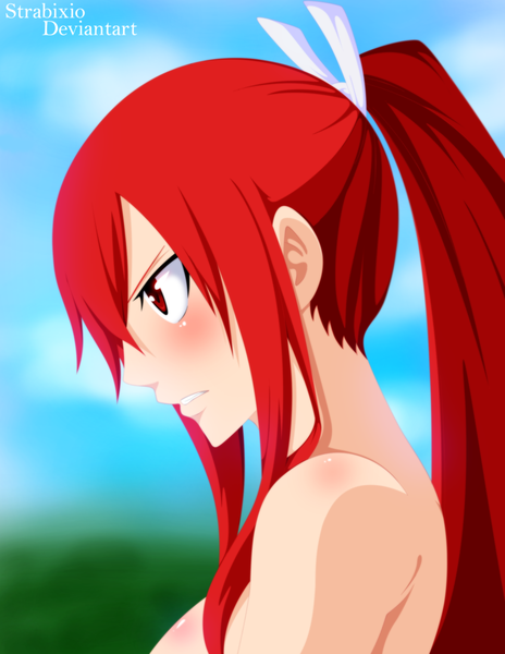 Anime picture 2000x2585 with fairy tail erza scarlet strabixio single long hair tall image blush highres red eyes bare shoulders sky cloud (clouds) ponytail red hair profile coloring girl bow hair bow