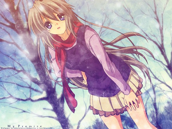 Anime picture 1024x768 with clannad key (studio) sakagami tomoyo single long hair looking at viewer fringe open mouth brown hair purple eyes leaning wallpaper leaning forward hand on hip text winter english girl skirt plant (plants)