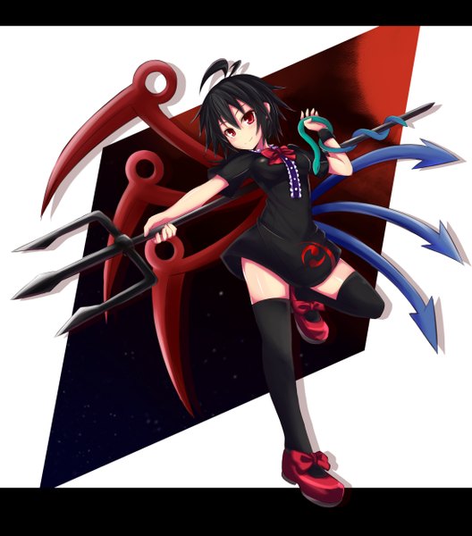 Anime picture 2200x2500 with touhou houjuu nue k-14 single tall image highres short hair black hair smile red eyes girl thighhighs dress black thighhighs wings bowtie snake trident