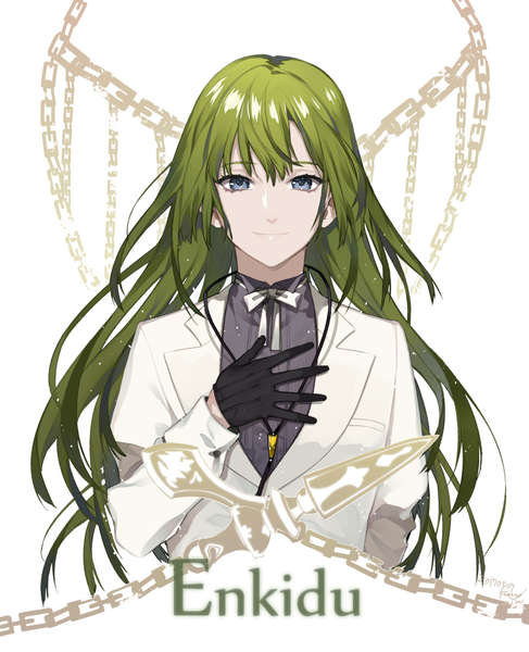 Anime picture 1000x1231 with fate (series) fate/strange fake enkidu (fate) kurono yuu single long hair tall image looking at viewer fringe blue eyes white background signed upper body green hair light smile character names hand on chest dated androgynous boy