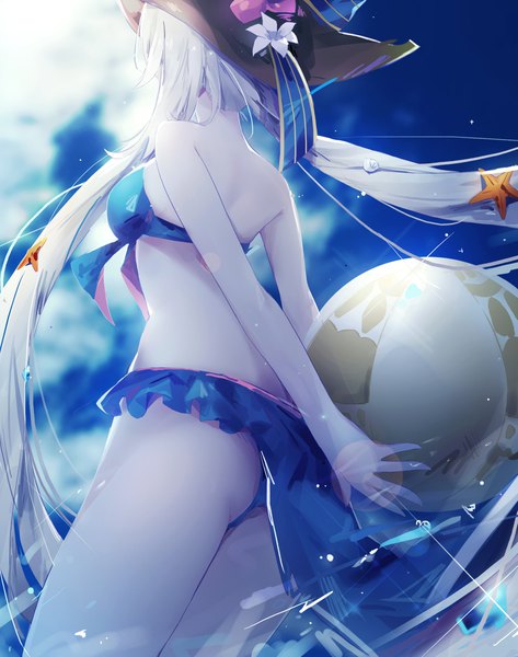 Anime picture 1705x2165 with fate (series) fate/grand order marie antoinette (fate/grand order) marie antoinette (swimsuit caster) (fate) tr (hareru) single long hair tall image highres light erotic twintails holding sky ass outdoors white hair very long hair sunlight sparkle depth of field