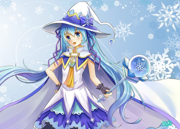 Anime picture 1920x1380 with vocaloid suki! yuki! maji magic (vocaloid) hatsune miku yuki miku yuki miku (2014) reki (lichk) single long hair looking at viewer blush highres open mouth blue eyes twintails signed blue hair girl dress ribbon (ribbons) hair ribbon