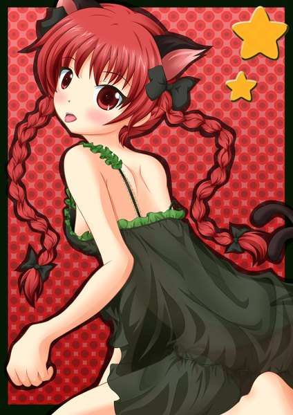 Anime picture 1024x1450 with touhou kaenbyou rin neats (artist) single long hair tall image blush light erotic red eyes animal ears cleavage red hair braid (braids) looking back cat ears cat girl cat tail twin braids :p extra ears