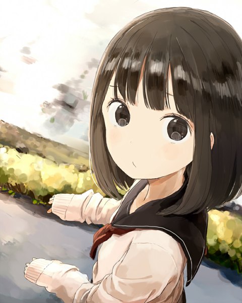 Anime picture 800x1000 with original nasuna (artist) single tall image looking at viewer blush brown hair brown eyes from above looking up girl uniform plant (plants) serafuku
