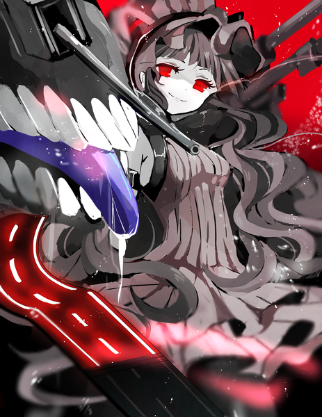 Anime picture 1958x2538 with kantai collection isolated island hime fumiko (miruyuana) single long hair tall image looking at viewer highres red eyes light smile teeth lolita fashion goth-loli white skin shinkaisei-kan girl dress weapon tongue gun