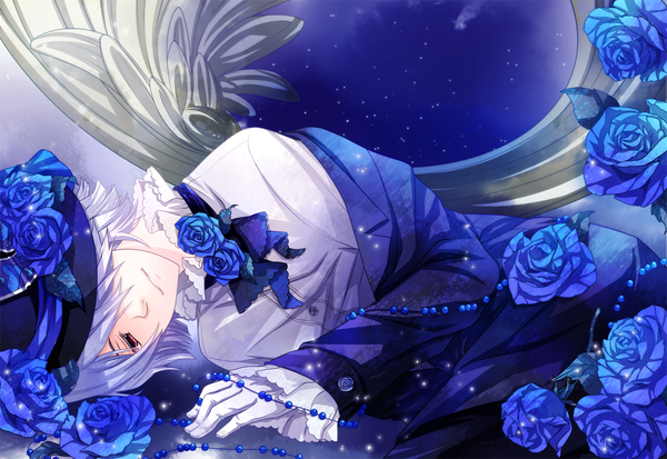 Anime picture 1200x826 with pandora hearts xebec xerxes break single short hair red eyes sky purple hair lying flower (flowers) hat shirt rose (roses) star (stars) beads blue rose