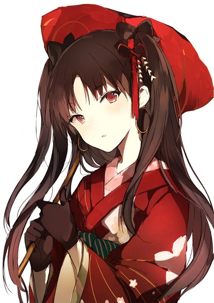 Anime picture 650x920 with fate (series) fate/grand order ishtar (fate) lpip single long hair tall image looking at viewer fringe simple background red eyes brown hair standing white background holding upper body traditional clothes parted lips head tilt japanese clothes