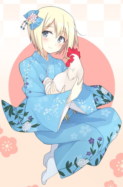 Anime picture 600x910 with strike witches erica hartmann mobu single tall image looking at viewer blush fringe short hair blue eyes blonde hair hair between eyes holding full body traditional clothes head tilt japanese clothes light smile alternate costume gradient background