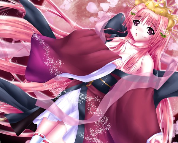 Anime picture 1600x1292 with vocaloid megurine luka nohoho (kakikonchi) single long hair open mouth pink hair traditional clothes japanese clothes pink eyes girl hair ornament petals obi