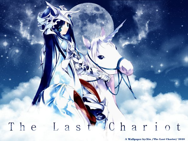 Anime picture 1600x1200 with sumi keiichi sitting signed blue hair sky cloud (clouds) very long hair looking back aqua eyes from behind inscription wallpaper night sky riding girl gloves animal armor moon star (stars)