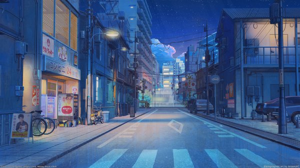 Anime picture 1920x1080 with love money rock'n'roll original arsenixc highres wide image signed cloud (clouds) night shadow night sky copyright name city light no people street architecture crosswalk railroad crossing window building (buildings)
