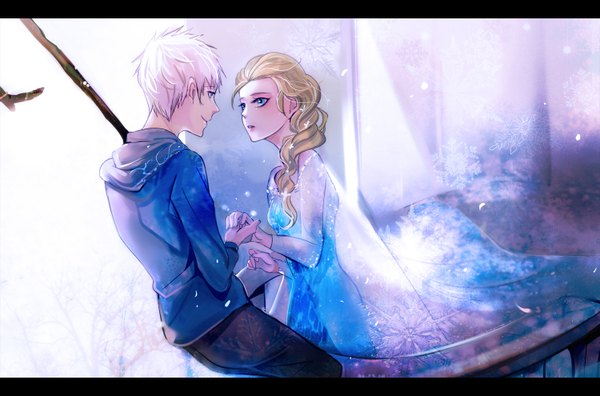 Anime picture 1500x992 with frozen (disney) rise of the guardians disney dreamworks elsa (frozen) jack frost (rise of the guardians) zao chuan ya long hair short hair open mouth blue eyes blonde hair white hair snowing letterboxed girl dress boy hood pants